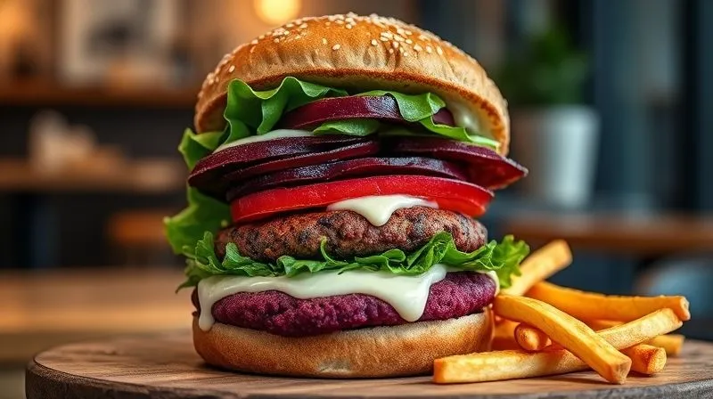 Photorealistic, professional photography, 8K, cinematic lighting, sharp focus on a vibrant vegan beet burger, stacked high with roasted beet slices, a plant-based patty, fresh greens, and a creamy sauce, served on a whole-wheat bun with a side of sweet potato fries, depth of field blurring a modern cafe background, shot on a high-end DSLR, emphasizing gourmet and satisfying fast food.