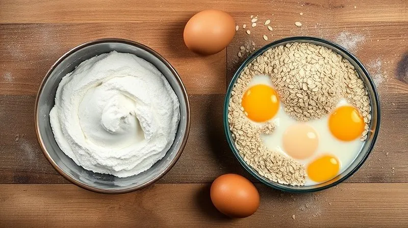photorealistic, professional photography, 8K, cinematic lighting, sharp focus, depth of field, shot on a high-end DSLR, a culinary flat lay showing a comparison of ingredients: on one side, a bowl of white flour, full-fat milk, and whole eggs; on the other side, a bowl of oat flour, unsweetened almond milk, and egg whites, vibrant and clean composition.