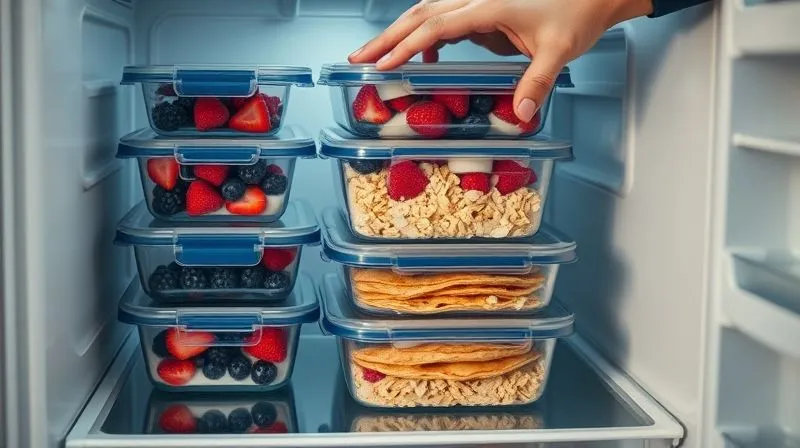 photorealistic, professional photography, 8K, cinematic lighting, sharp focus, depth of field, shot on a high-end DSLR, a meticulously organized meal prep scene, showing several airtight glass containers filled with oat pancakes, fresh berries, and yogurt, neatly stacked in a modern refrigerator, with a person's hands placing another container, conveying efficiency and healthy lifestyle.