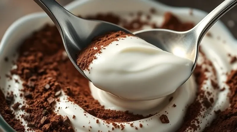 A close-up, photorealistic image of creamy Greek yogurt being spooned into a mixing bowl with dark cocoa powder and protein powder, cinematic lighting, sharp focus on the texture of the yogurt, 8K hyper-detailed.
