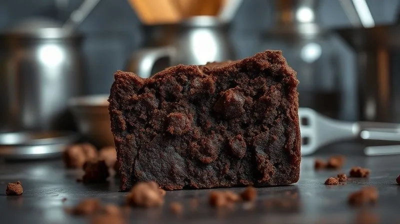 A photorealistic, professional photography, 8K, cinematic lighting, sharp focus, depth of field, shot on a high-end DSLR. A slightly burnt, crumbly protein brownie, visually unappealing, contrasting with a blurred background of kitchen tools, emphasizing the failure.