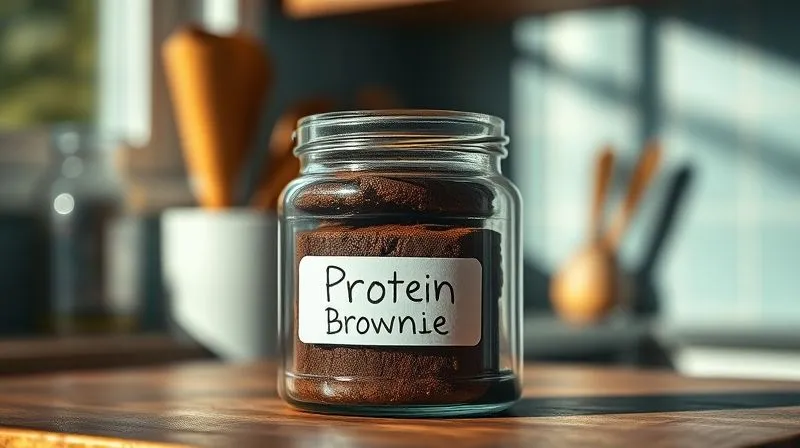 A photorealistic, professional photography, 8K, cinematic lighting, sharp focus, depth of field, shot on a high-end DSLR. A perfectly preserved protein brownie stored in an airtight glass container, labeled for freshness, with a soft, inviting glow from a kitchen window.
