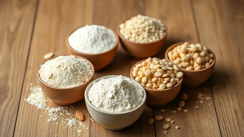 A professional studio shot of various types of healthy flours arranged neatly in small, elegant bowls on a wooden table. Show oat flour, almond flour, coconut flour, and chickpea flour. The lighting is soft and natural, emphasizing texture and color. photorealistic, professional photography, 8K, cinematic lighting, sharp focus, depth of field, shot on a high-end DSLR.