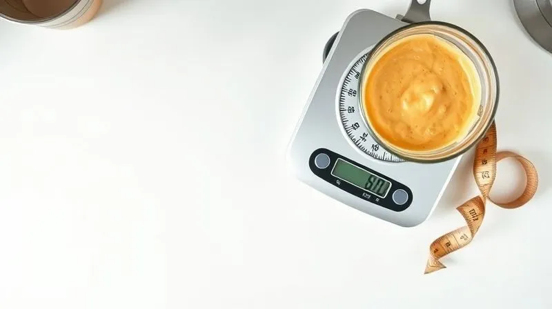 A top-down shot of a kitchen scale with a bowl of pancake batter on it, showing precise measurements. Next to it, a measuring tape is subtly placed. The background is a clean, minimalist kitchen counter. photorealistic, professional photography, 8K, cinematic lighting, sharp focus on the scale and batter, depth of field blurring the background, shot on a high-end DSLR.