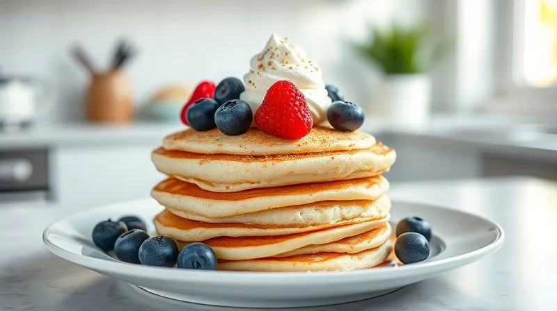 A beautifully plated stack of light and fluffy protein pancakes, topped with a dollop of Skyr yogurt, a sprinkle of fresh blueberries and raspberries, and a dusting of cinnamon. The background is a minimalist, bright kitchen, with soft morning light. The focus is on the delicious and healthy appearance of the meal. photorealistic, professional photography, 8K, cinematic lighting, sharp focus, depth of field, shot on a high-end DSLR.