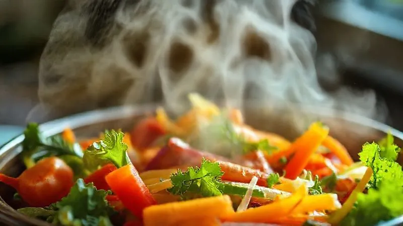 Photorealistic, professional photography, 8K, cinematic lighting, sharp focus, depth of field, shot on a high-end DSLR. A close-up shot of vibrant, colorful vegetables steaming gently in a tiered steamer basket, with soft natural light highlighting the moisture and freshness, symbolizing healthy cooking methods.