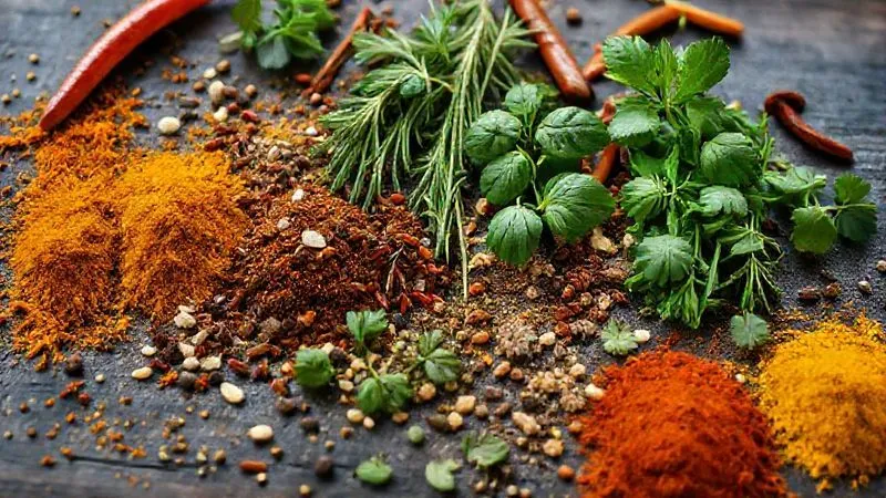 Photorealistic, professional photography, 8K, cinematic lighting, sharp focus, depth of field, shot on a high-end DSLR. A close-up, vibrant flat lay of various fresh herbs and colorful spices arranged artfully on a dark wooden board, including fresh basil, rosemary, thyme, chili flakes, turmeric, cumin seeds, and smoked paprika, suggesting culinary creativity and flavor enhancement.
