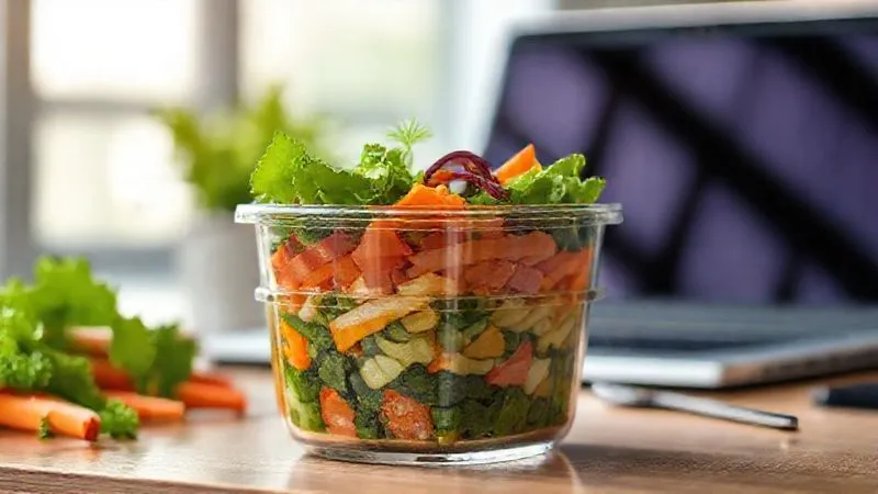 Photorealistic, professional photography, 8K, cinematic lighting, sharp focus, depth of field, shot on a high-end DSLR. A perfectly packed, transparent glass lunchbox filled with vibrant, layered vegetable puree, placed on a modern office desk with a laptop in the soft-focused background, emphasizing convenience and healthy eating at work.
