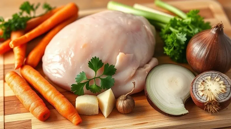 Photorealistic image of a cutting board with fresh, vibrant, lean chicken breast, alongside a colorful array of root vegetables like carrots, parsley root, celery, leeks, and a charred onion, all ready for making a healthy broth. Soft, natural kitchen lighting, sharp focus on the ingredients, depth of field.