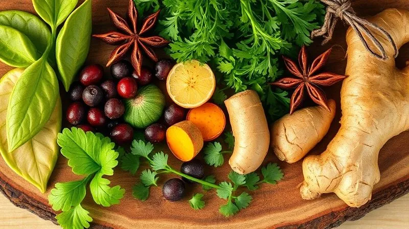 Photorealistic image of a vibrant selection of fresh herbs and whole spices, including bay leaves, allspice berries, fresh parsley, dill, a piece of turmeric root, and ginger, arranged artfully on a rustic wooden board, ready to be added to a healthy broth. Cinematic lighting, sharp focus on the textures.