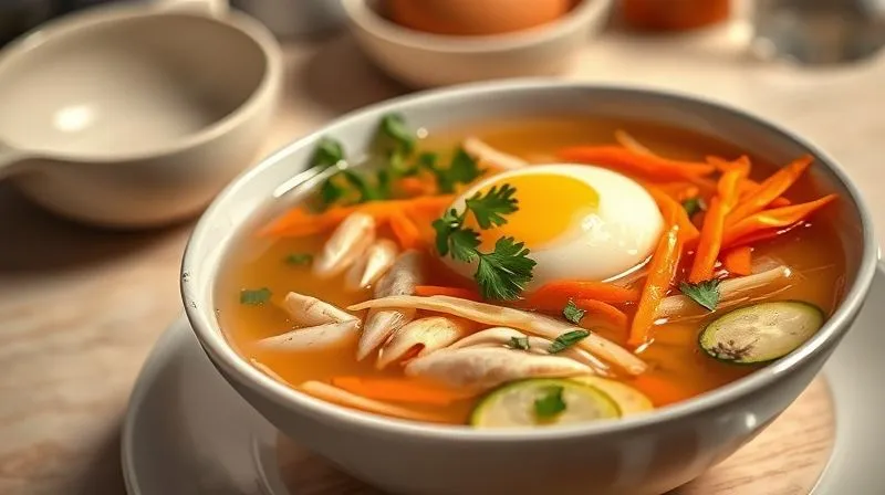 Photorealistic, professional photography, 8K, cinematic lighting, sharp focus, depth of field, shot on a high-end DSLR. A beautifully plated bowl of clear, golden fit chicken broth, garnished generously with fresh, vibrant julienned vegetables (carrots, zucchini), finely chopped parsley, and a perfectly poached egg. The background is a minimalist, elegant kitchen setting, emphasizing health and gourmet appeal.