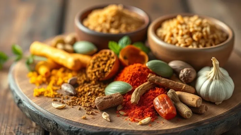Photorealistic, professional photography, 8K, cinematic lighting, sharp focus, depth of field, shot on a high-end DSLR. A vibrant array of fresh and dried spices arranged artfully on a rustic wooden board, including turmeric, cumin, coriander, smoked paprika, bay leaves, and garlic cloves, with soft, warm light highlighting their textures and colors. A small bowl of brown rice is subtly blurred in the background, suggesting its transformation.