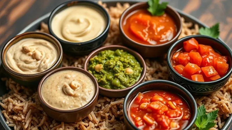 Photorealistic, professional photography, 8K, cinematic lighting, sharp focus, depth of field, shot on a high-end DSLR. A collection of small, elegant bowls filled with various vibrant vegetarian sauces: a creamy tahini-lemon, a rich peanut sauce, a fresh green pesto, and a bright red salsa. Each bowl is perfectly lit, showcasing the texture and color of the sauces, with a subtle backdrop of brown rice and fresh herbs.