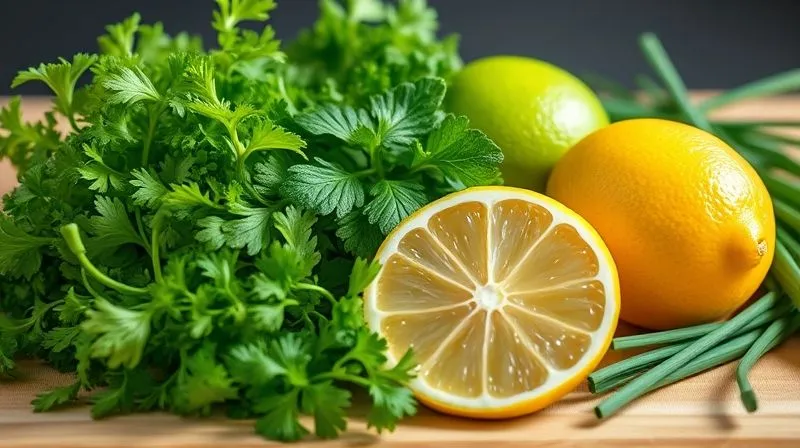 Photorealistic, professional photography, 8K, cinematic lighting, sharp focus, depth of field, shot on a high-end DSLR. A vibrant still life of fresh culinary herbs: bright green cilantro, curly parsley, aromatic mint, and chives, artfully arranged around a glistening, perfectly cut lemon and lime. The scene is bathed in natural light, emphasizing the freshness and invigorating qualities of the ingredients, suggesting a burst of flavor.