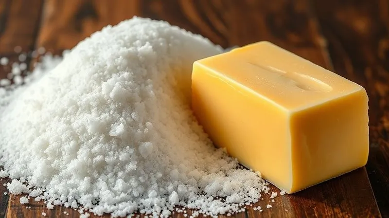 A close-up, photorealistic image of sparkling white granulated sugar next to a block of creamy, golden butter on a dark, rustic wooden surface. Cinematic lighting highlights the textures, with a sharp focus on the ingredients and a shallow depth of field. 8K hyper-detailed, professional photography.