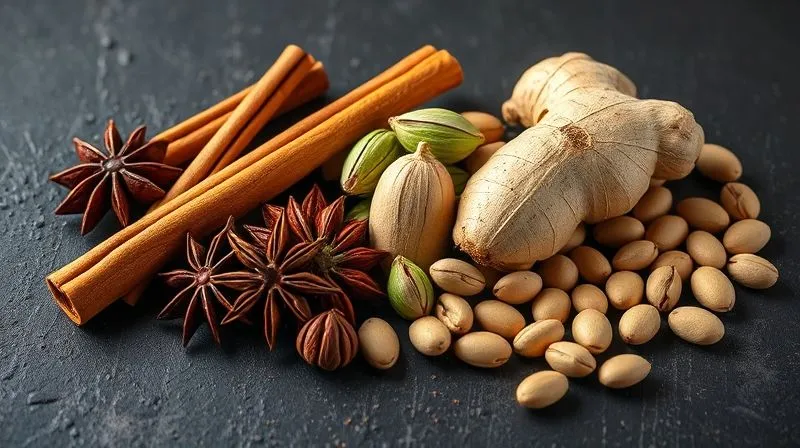 A vibrant, photorealistic image of an assortment of exotic spices: whole cinnamon sticks, star anise, green cardamom pods, fresh ginger root, and vanilla beans, arranged artfully on a dark, textured background. Cinematic lighting emphasizes their rich colors and textures, with a sharp focus and shallow depth of field. 8K hyper-detailed, professional photography.