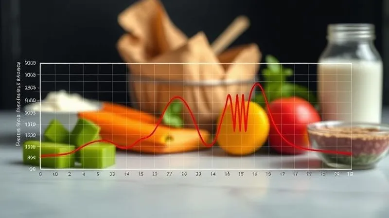 A photorealistic, professional photography shot of a graph showing blood sugar levels spiking and then rapidly dropping after consuming a high-sugar meal, contrasted with a stable curve after a balanced meal. 8K, cinematic lighting, sharp focus on the graph, depth of field blurring a background of healthy food items, shot on a high-end DSLR.