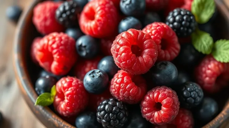 A close-up, photorealistic professional photography shot of a bowl of mixed berries (raspberries, blueberries, blackberries) with a sprinkle of chia seeds, emphasizing texture and natural beauty. 8K, cinematic lighting, sharp focus on the fruit, depth of field blurring a rustic wooden table, shot on a high-end DSLR.