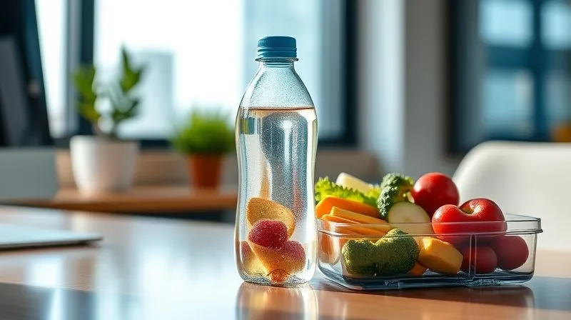 A photorealistic, professional photography shot of a sleek, transparent water bottle next to a colorful, healthy lunchbox on a modern office desk. The scene is bright and clean, with cinematic lighting highlighting the freshness. 8K, sharp focus on the water bottle and lunchbox, depth of field blurring the background, shot on a high-end DSLR, conveying hydration and healthy eating at work.
