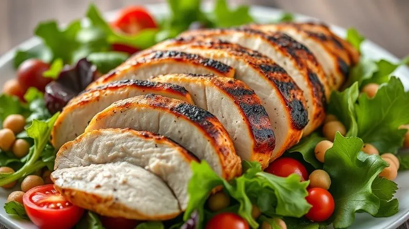 photorealistic, professional photography, 8K, cinematic lighting, sharp focus, depth of field, shot on a high-end DSLR. A perfectly grilled chicken breast sliced and arranged on a vibrant mixed green salad, with visible chickpeas and cherry tomatoes, emphasizing a healthy and substantial meal.