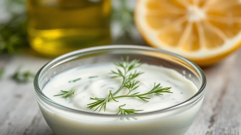 photorealistic, professional photography, 8K, cinematic lighting, sharp focus, depth of field, shot on a high-end DSLR. A small glass bowl filled with a creamy, herb-infused yogurt dressing, with fresh dill and parsley visible. In the background, a pristine glass bottle of extra virgin olive oil and a lemon half are softly blurred.