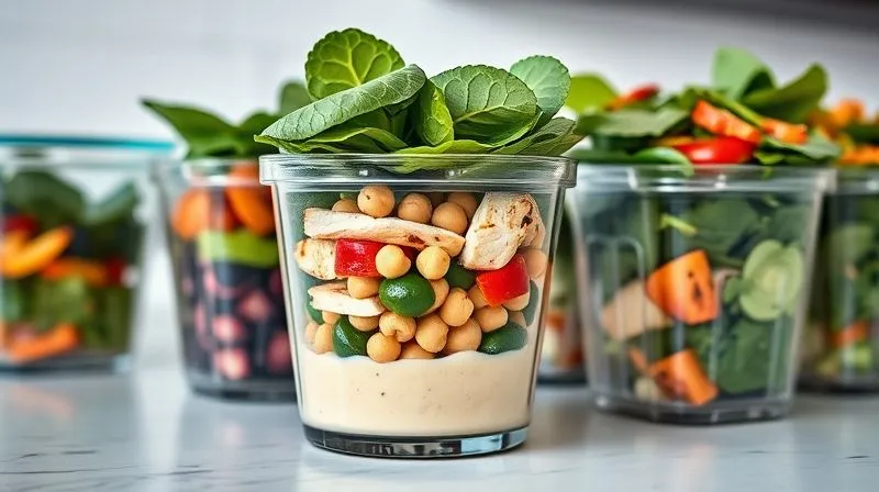 photorealistic, professional photography, 8K, cinematic lighting, sharp focus, depth of field, shot on a high-end DSLR. A set of clear glass meal prep containers filled with various colorful salad ingredients, neatly portioned for the week. One container shows separated dressing at the bottom, layered with chickpeas, chopped bell peppers, grilled chicken, and fresh spinach on top. The background is a clean, modern kitchen counter.