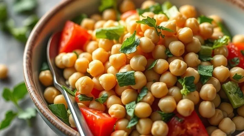 Photorealistic image of a vibrant, fresh chickpea salad in a bowl, with a small, almost hidden measuring spoon next to it, cinematic lighting, 8K, sharp focus.