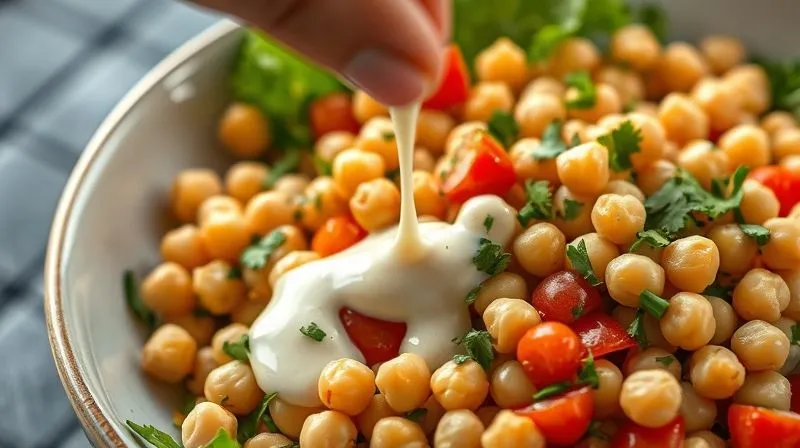 Photorealistic close-up of a hand drizzling a light, creamy dressing over a colorful chickpea salad, with fresh herbs scattered around. Cinematic lighting, 8K, sharp focus.