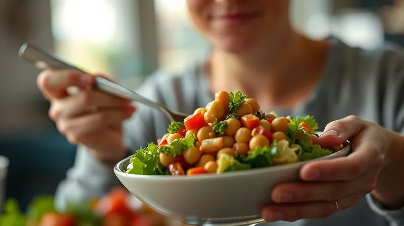 Photorealistic image of a person mindfully enjoying a colorful chickpea salad, focused on their meal, with soft, natural light illuminating the scene. No distractions in the background. 8K, sharp focus.