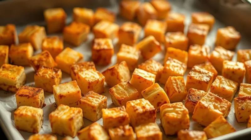 A close-up, photorealistic image of perfectly golden-brown, crispy tofu cubes scattered on a parchment-lined baking sheet, fresh out of the oven. Steam is subtly rising, highlighting the delicious texture. Professional photography, 8K hyper-detailed, sharp focus on the tofu, shallow depth of field, shot on a high-end DSLR.