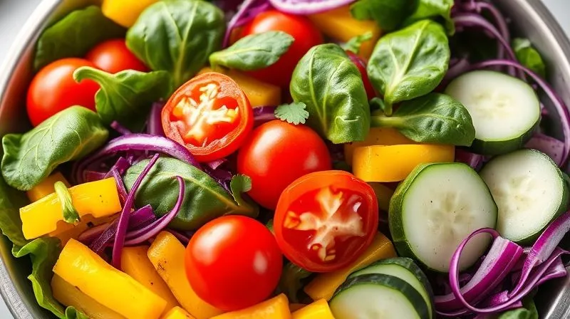 A vibrant, fresh salad bowl overflowing with a colorful assortment of vegetables: crisp dark green spinach, bright red cherry tomatoes, sliced yellow bell peppers, purple shredded cabbage, and thinly sliced cucumbers. The composition is dynamic and appetizing, with perfect lighting. Professional photography, 8K hyper-detailed, sharp focus on the vegetables, shallow depth of field, shot on a high-end DSLR.