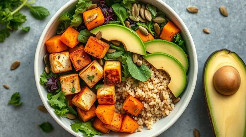 A beautifully composed, photorealistic overhead shot of a balanced and satisfying tofu salad. The bowl contains crispy marinated tofu, colorful mixed greens, quinoa, roasted sweet potato cubes, avocado slices, and a sprinkle of pumpkin seeds. The arrangement is visually appealing and highlights the diverse ingredients. Professional photography, 8K hyper-detailed, sharp focus, shallow depth of field, shot on a high-end DSLR.