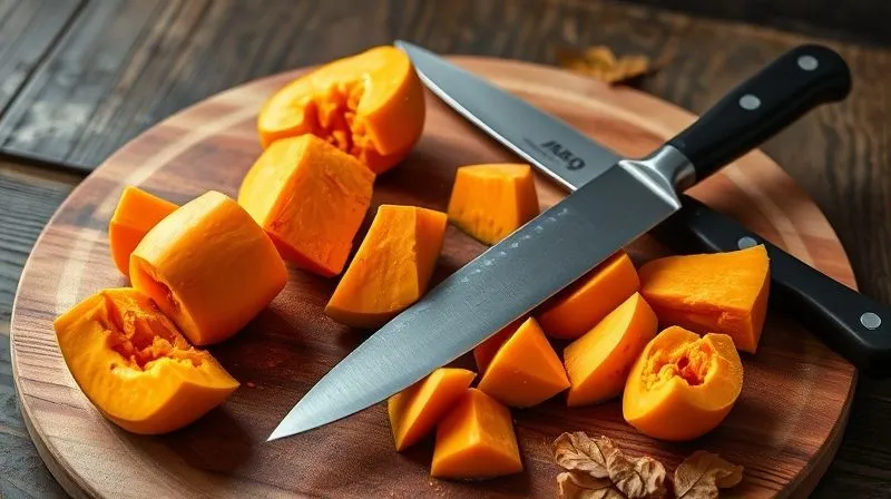A photorealistic, professional photography image of freshly cut pumpkin pieces on a rustic wooden board, next to a sharp chef's knife and a few autumn leaves. Soft, natural light, sharp focus on the pumpkin, depth of field blurring the background, 8K hyper-detailed, shot on a high-end DSLR, evoking freshness and preparation for cooking.