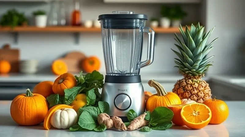 A photorealistic, professional photography image of various colorful fruits and vegetables (pumpkin chunks, apples, oranges, spinach, ginger, pineapple) artfully arranged around a sleek, modern blender on a clean kitchen counter. Cinematic lighting, sharp focus on the ingredients, depth of field blurring the background, 8K hyper-detailed, shot on a high-end DSLR, conveying freshness and healthy preparation.