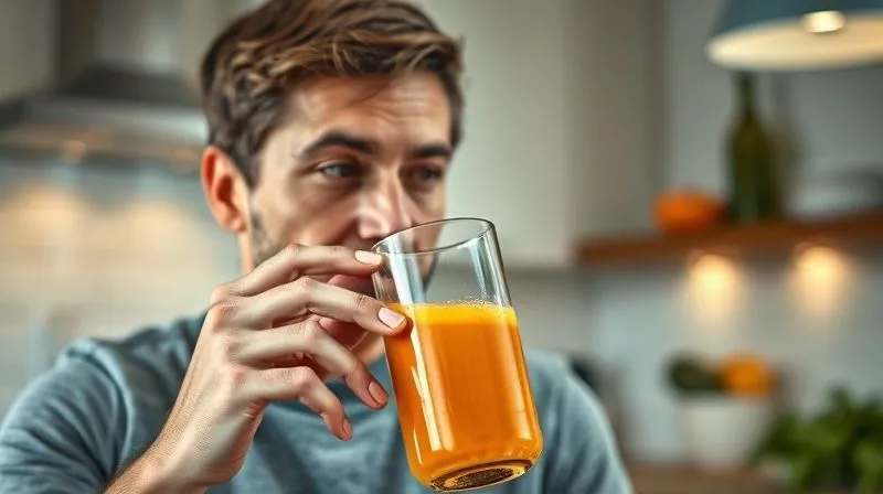 A photorealistic, professional photography image of a person thoughtfully tasting a glass of vibrant pumpkin juice, with a slight smile of satisfaction. The person is in a modern, clean kitchen, with soft, inviting lighting. Sharp focus on the person's face and the glass, depth of field blurring the background, 8K hyper-detailed, shot on a high-end DSLR, conveying enjoyment and healthy living.