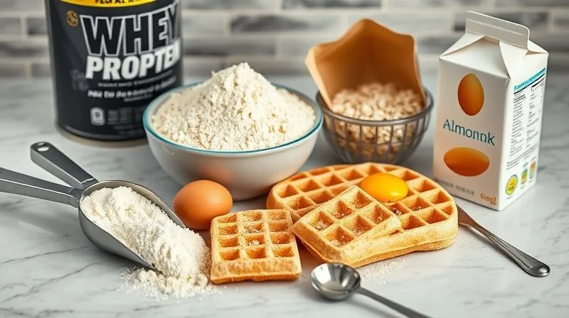 A photorealistic, professional photography, 8K, cinematic lighting, sharp focus, depth of field, shot on a high-end DSLR image showing various protein waffle ingredients neatly arranged on a marble countertop: a scoop of whey protein powder, a bowl of oat flour, fresh eggs, a carton of almond milk, and a measuring spoon. The scene emphasizes precision and quality ingredients.