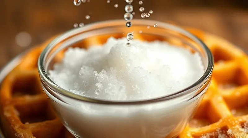 A close-up, photorealistic, professional photography, 8K, cinematic lighting, sharp focus, depth of field, shot on a high-end DSLR image of a small bowl of baking soda reacting with a splash of apple cider vinegar, producing gentle, effervescent bubbles. The background is blurred, focusing on the chemical reaction, symbolizing the science behind fluffy waffles.