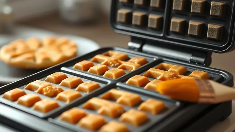 A photorealistic, professional photography, 8K, cinematic lighting, sharp focus, depth of field, shot on a high-end DSLR image of a modern, sleek waffle iron, perfectly clean and lightly steaming as it preheats. The focus is on the textured plates, ready for batter, suggesting anticipation and precision. A small brush with oil is visible nearby.