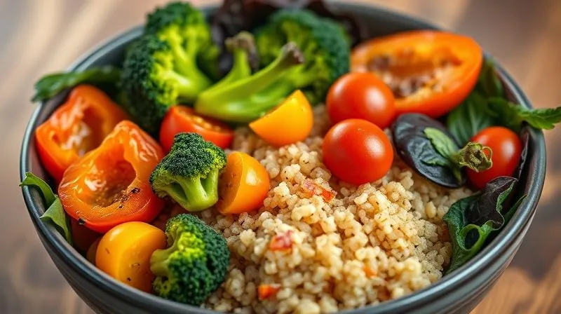 Photorealistic, professional photography, 8K, cinematic lighting, sharp focus, depth of field, shot on a high-end DSLR. A vibrant, artfully arranged vegan quinoa bowl overflowing with a medley of fresh, colorful vegetables like roasted bell peppers, steamed broccoli florets, cherry tomatoes, and dark leafy greens. The quinoa is fluffy and perfectly cooked, nestled among the vegetables. The scene evokes freshness, health, and abundant nutrition, making the dish look incredibly appealing and satisfying.