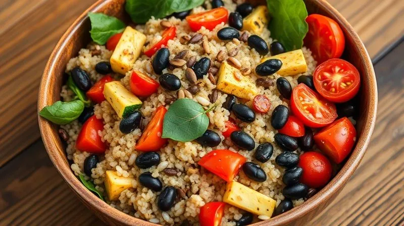 Photorealistic, professional photography, 8K, cinematic lighting, sharp focus, depth of field, shot on a high-end DSLR. A generously sized, visually abundant vegan quinoa salad bowl, filled to the brim with a colorful array of ingredients. Fluffy quinoa is mixed with vibrant roasted vegetables like bell peppers, zucchini, and cherry tomatoes, alongside fresh spinach, black beans, and a sprinkle of toasted pumpkin seeds. The dish looks incredibly satisfying and healthy, presented on a rustic wooden table in natural light.