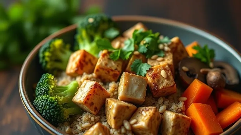 Photorealistic, professional photography, 8K, cinematic lighting, sharp focus, depth of field, shot on a high-end DSLR. A beautifully composed, warm vegan quinoa bowl with roasted tofu cubes, steamed green broccoli florets, sliced carrots, and mushrooms, all glistening with a rich, creamy peanut sauce. The dish is topped with toasted sesame seeds and fresh cilantro, conveying a sense of hearty, flavorful satisfaction and healthy eating.
