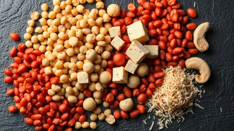 Photorealistic, professional photography of a vibrant, colorful mix of uncooked vegan protein sources for soup: red lentils, chickpeas, firm tofu cubes, cashews, and nutritional yeast flakes, artfully arranged on a dark slate background, with soft, natural light, sharp focus, depth of field blurring the background, 8K hyper-detailed, cinematic lighting, shot on a high-end DSLR.