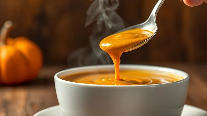 Photorealistic, professional photography of a perfectly smooth, thick, and creamy vegan pumpkin soup being poured from a ladle into an elegant white bowl, showcasing its rich texture. Steam gently rises. The background is softly blurred, highlighting the luxurious feel of the soup. Cinematic lighting, sharp focus, depth of field, 8K hyper-detailed, shot on a high-end DSLR.