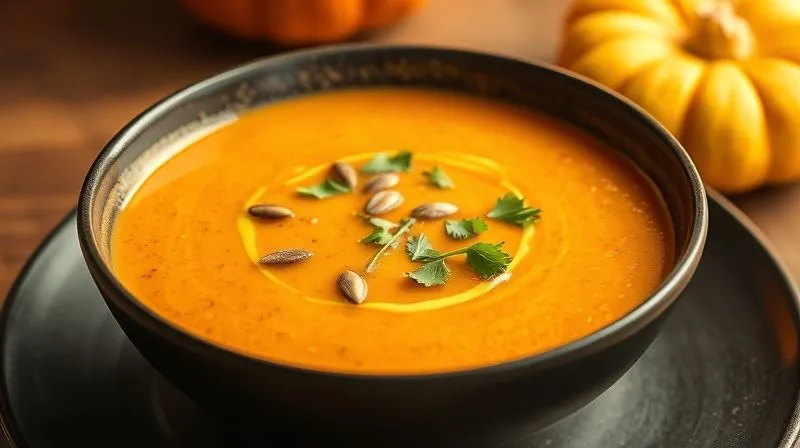Photorealistic, professional photography of a steaming bowl of vibrant orange vegan pumpkin and red lentil cream soup, garnished with fresh cilantro, a drizzle of olive oil, and toasted pumpkin seeds. The soup is presented elegantly on a minimalist dark plate, against a warm, inviting background with soft, diffused lighting. Sharp focus on the soup, depth of field, 8K hyper-detailed, cinematic lighting, shot on a high-end DSLR.