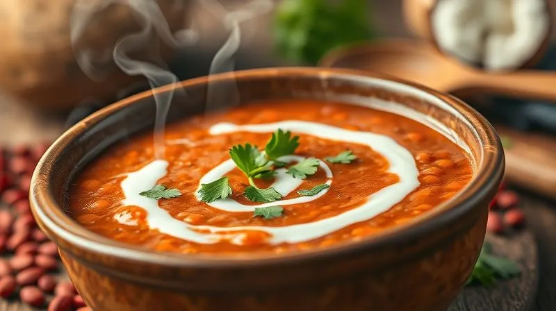 photorealistic, professional photography, 8K, cinematic lighting, sharp focus, depth of field, shot on a high-end DSLR, a close-up of a rustic ceramic bowl filled with a rich, creamy red lentil soup, garnished with fresh cilantro and a swirl of coconut milk. Steam gently rises from the bowl, emphasizing warmth and nourishment. In the background, blurred, are raw red lentils and a wooden spoon, suggesting healthy ingredients.
