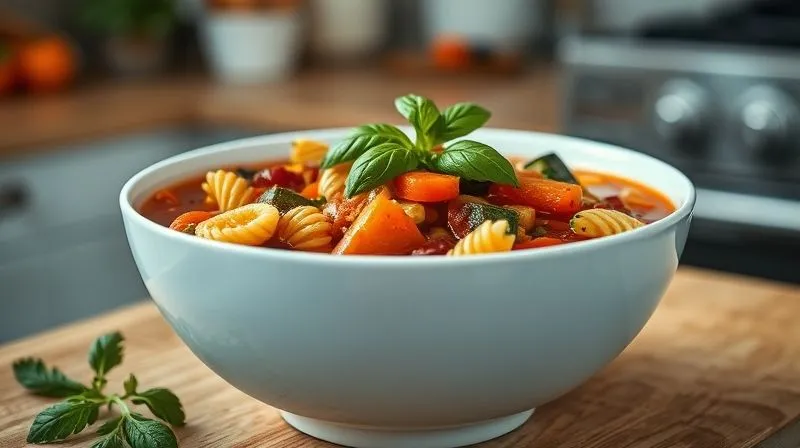 photorealistic, professional photography, 8K, cinematic lighting, sharp focus, depth of field, shot on a high-end DSLR, a vibrant, chunky vegan minestrone soup in a deep white bowl, filled with clearly visible large pieces of colorful vegetables like carrots, zucchini, beans, and pasta. A sprig of fresh basil sits on top. The background is a soft-focus kitchen counter, emphasizing homemade, hearty food.