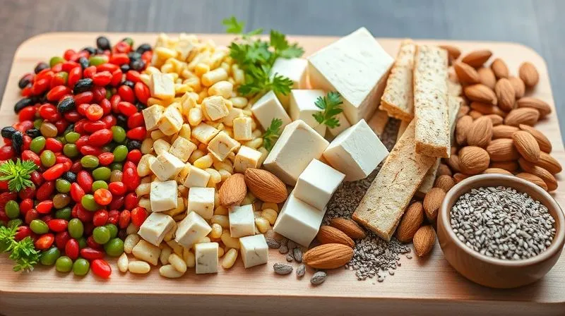 Photorealistic, professional photography of various protein-rich vegan ingredients artfully arranged on a light wooden board. Include colorful lentils (red, green, brown), firm tofu cubes, tempeh strips, a handful of almonds, chia seeds, and a small bowl of nutritional yeast. Cinematic lighting, sharp focus on the textures, depth of field blurring the background, 8K hyper-detailed.
