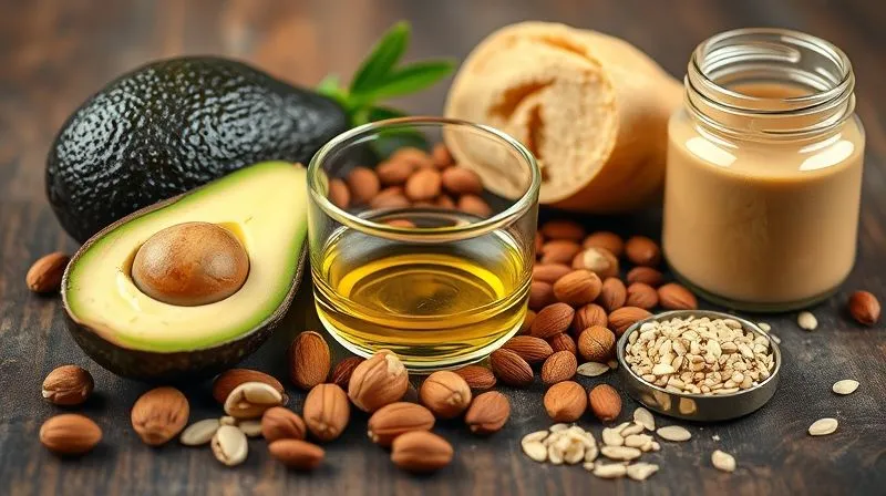 Photorealistic, professional photography of a selection of healthy vegan fats arranged aesthetically. Include half an avocado, a small bowl of extra virgin olive oil, a scattering of walnuts, almonds, and pumpkin seeds, and a jar of tahini. Cinematic lighting, with a soft, natural glow, sharp focus on the textures, depth of field blurring the background, 8K hyper-detailed.