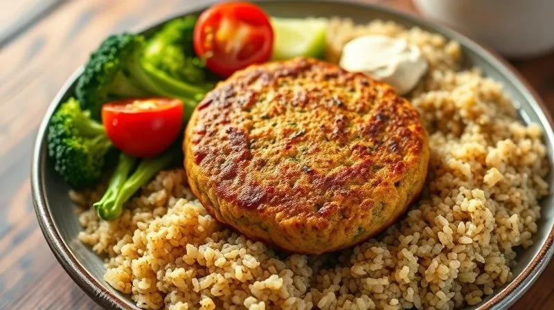 Photorealistic, professional photography of a vibrant, healthy vegan dinner plate. A golden-brown lentil patty is centered, surrounded by a generous portion of quinoa, steamed broccoli florets, roasted cherry tomatoes, and a dollop of creamy tahini-lemon sauce. The colors are rich and inviting. Cinematic lighting, sharp focus on the food, depth of field blurring the background, 8K hyper-detailed.