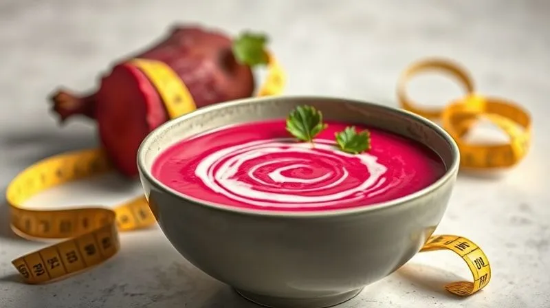 Photorealistic image of a vibrant, healthy beetroot cream soup in a modern bowl, steam rising gently, with a measuring tape subtly draped in the background, symbolizing health and weight loss. Cinematic lighting, sharp focus, 8K.